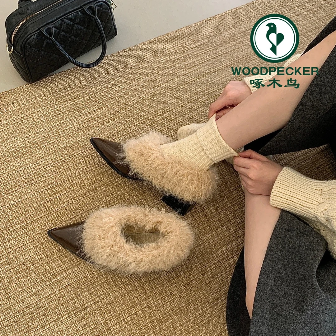 啄木鸟韩系一脚蹬毛毛高跟鞋女冬季加绒保暖棉鞋2025新款尖头单鞋