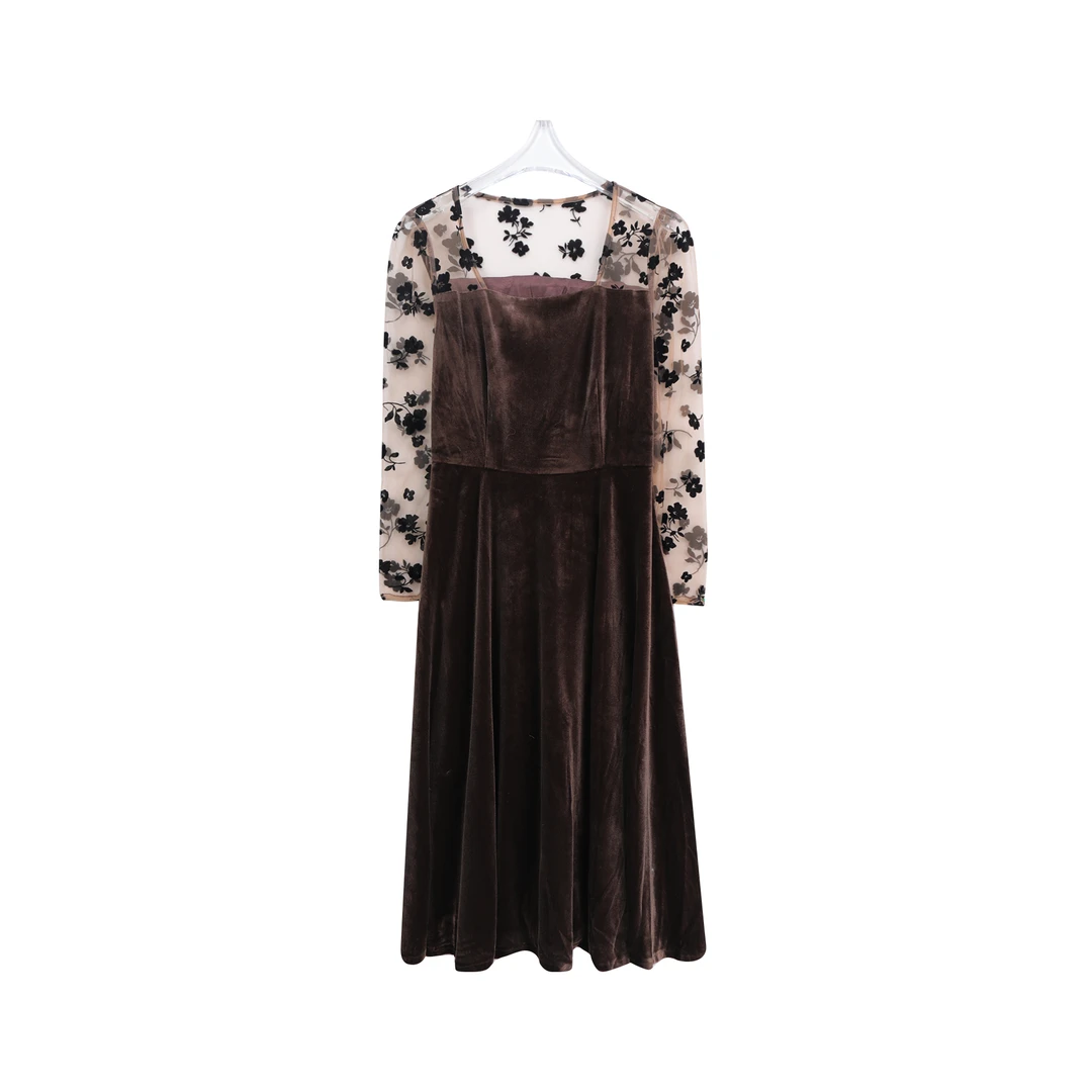 复古拼接镂空网纱印花收腰气质连衣裙C13018