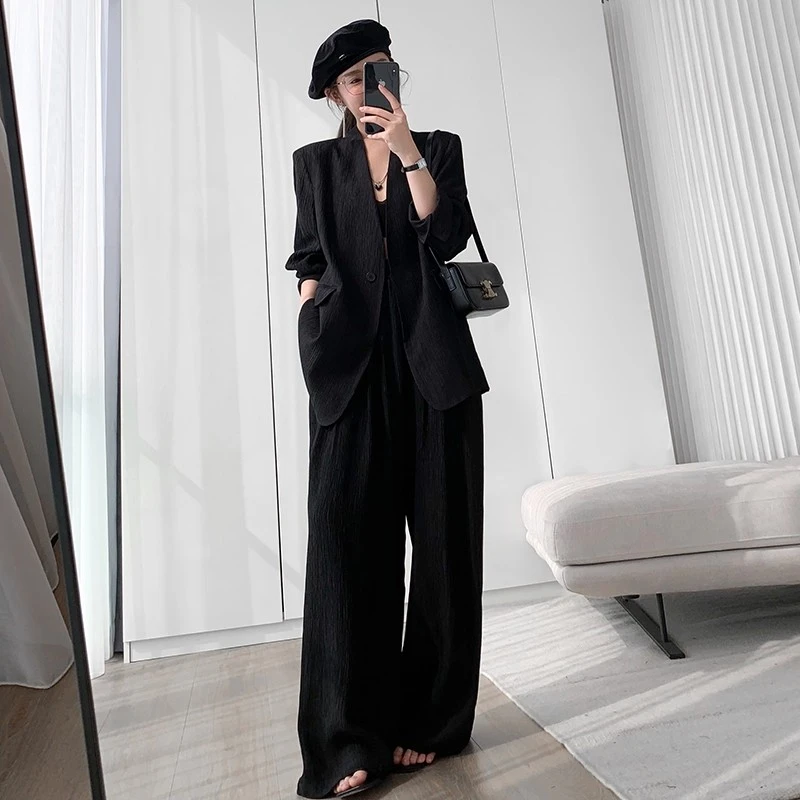 大码女装黑色西装套装女2025秋季新款胖mm宽松长袖显瘦西服两件套