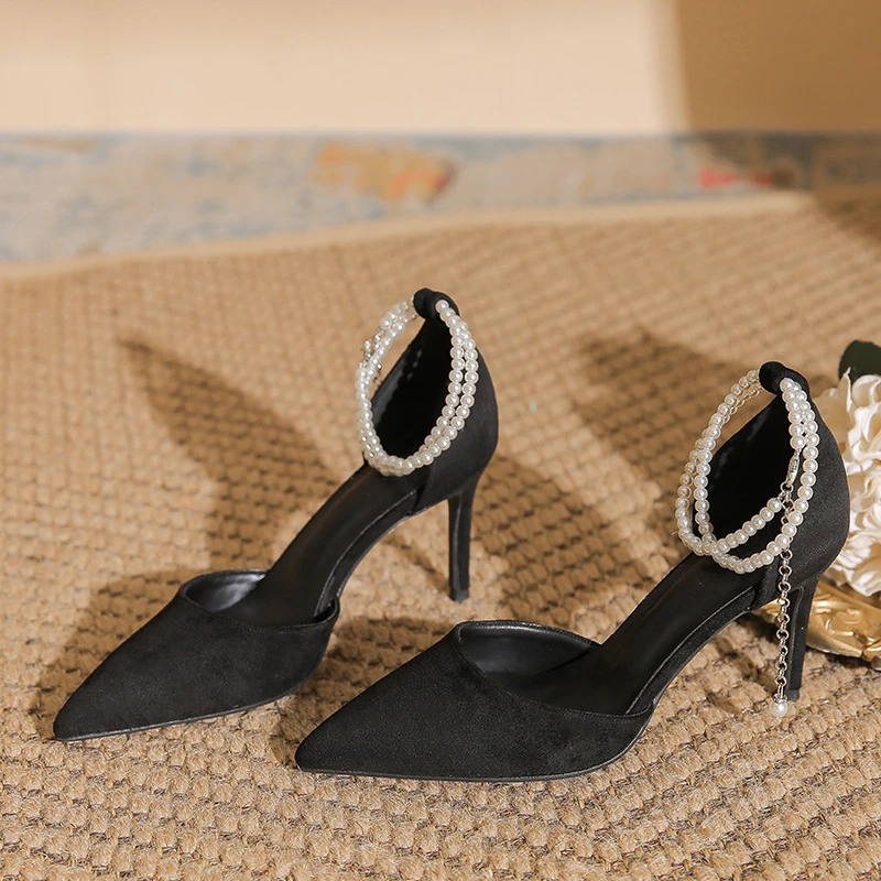 228-1B黑色高跟鞋女18岁成人礼2025新款绒面中空包头细跟尖头单鞋