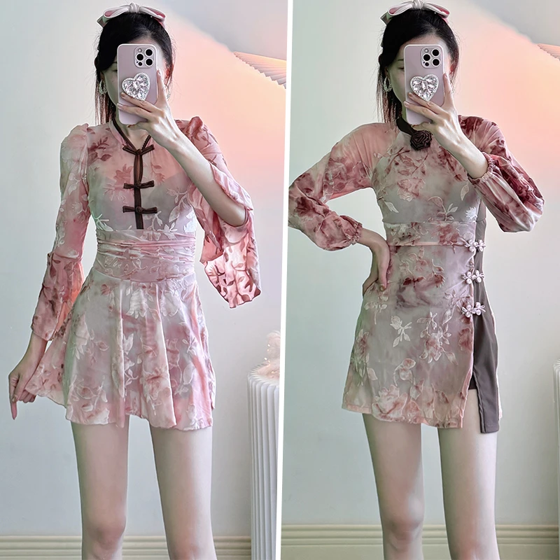 中国风旗袍泳衣女连体长袖遮肉时尚分体平角裤泡温泉度假保守泳装