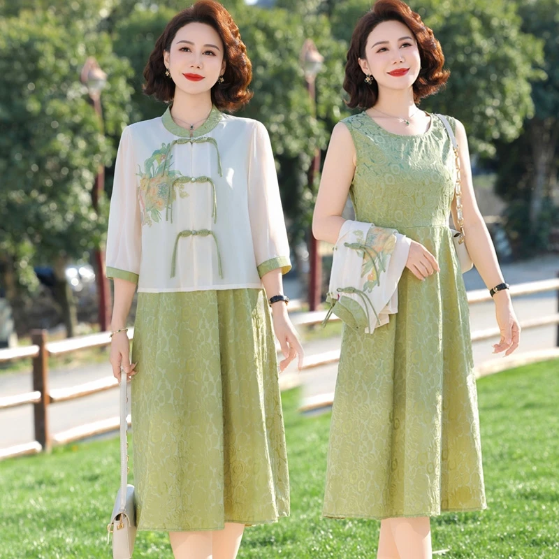 中国风妈妈连衣裙夏装套装新中式盘扣中老年女雪纺小衫外披两件套