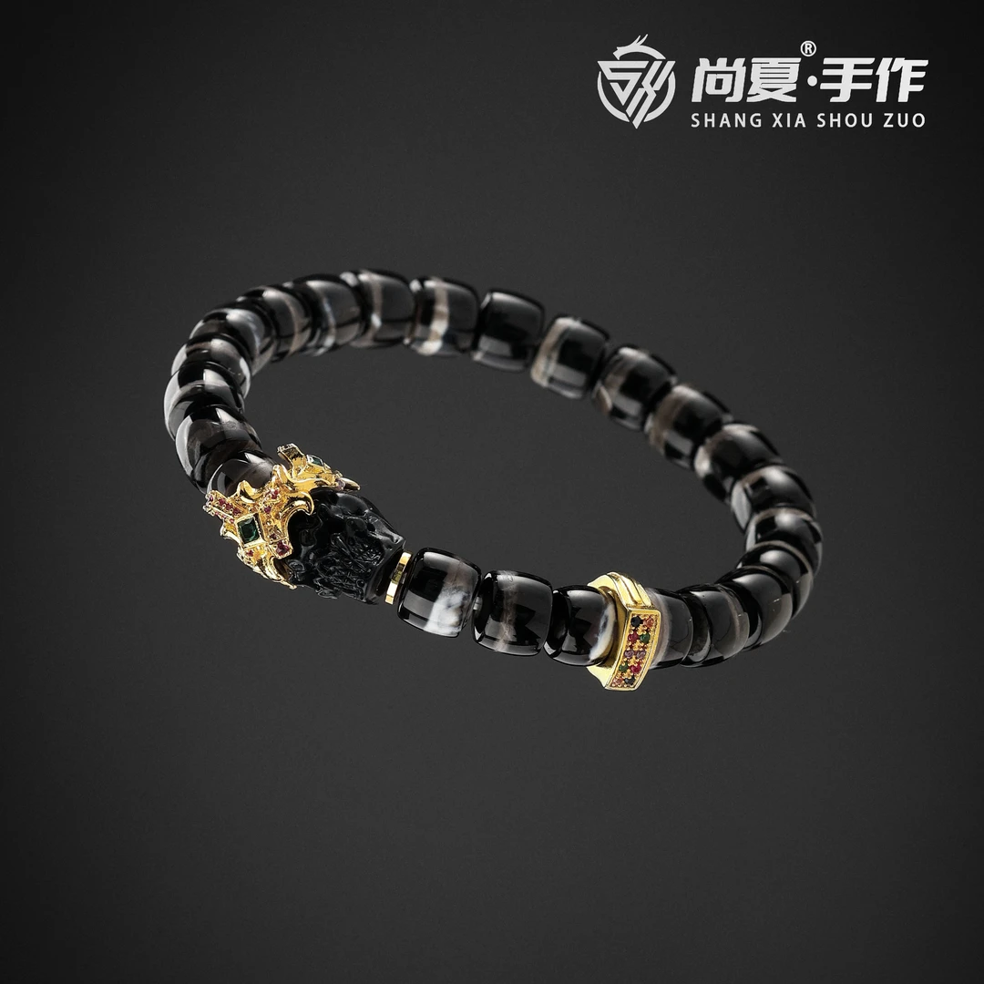 尚夏8.8MM天珠改玛瑙加冕骷髅设计款直切归圆手串