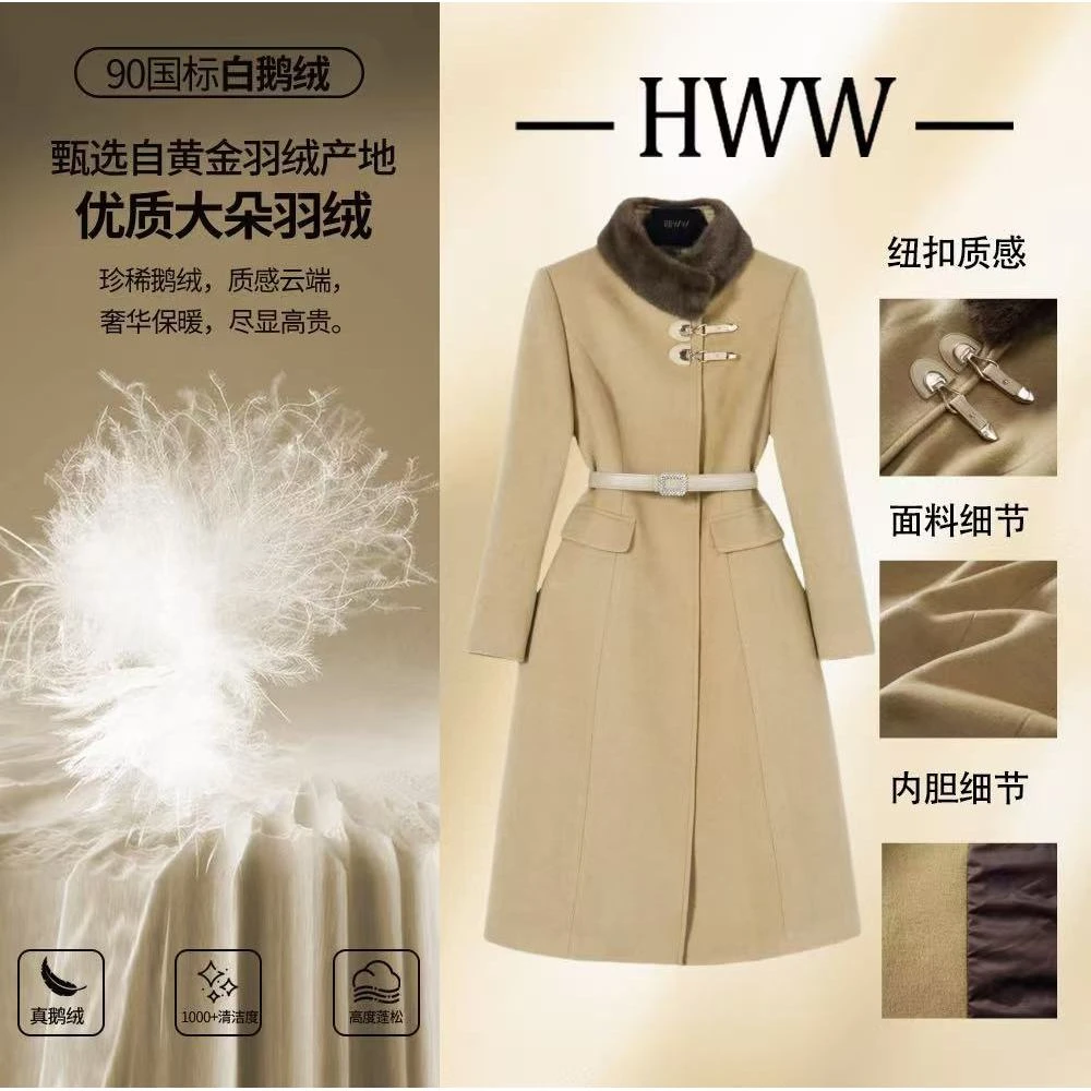 90白鹅绒含羊毛(袖子也加绒)毛领可拆卸收腰鹅绒服DHZFF408048