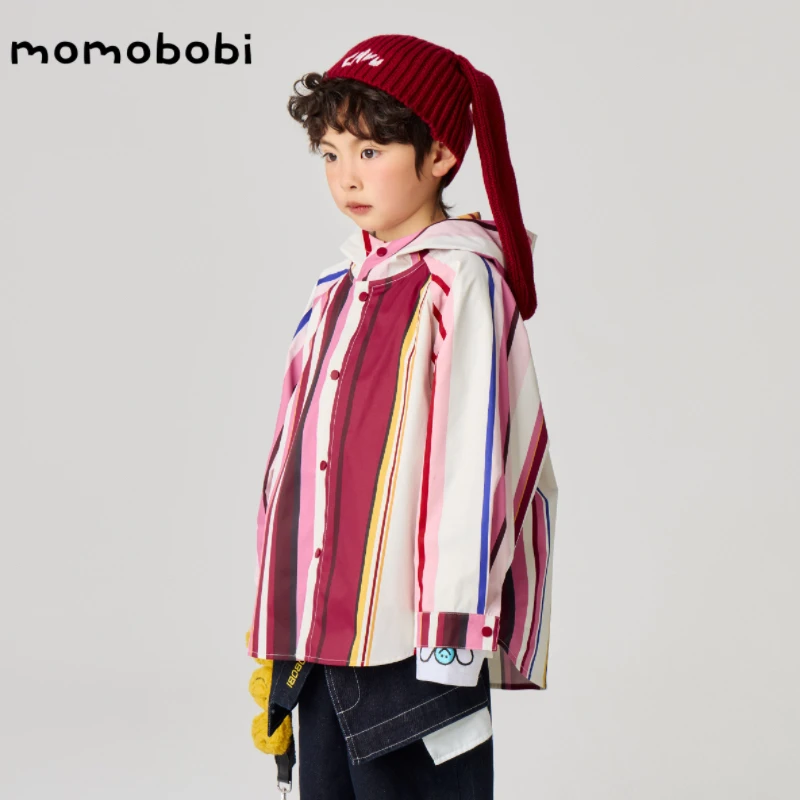 momobobi自制童装儿童韩版个性风衣彩色条纹拼接连帽外套气质夹克