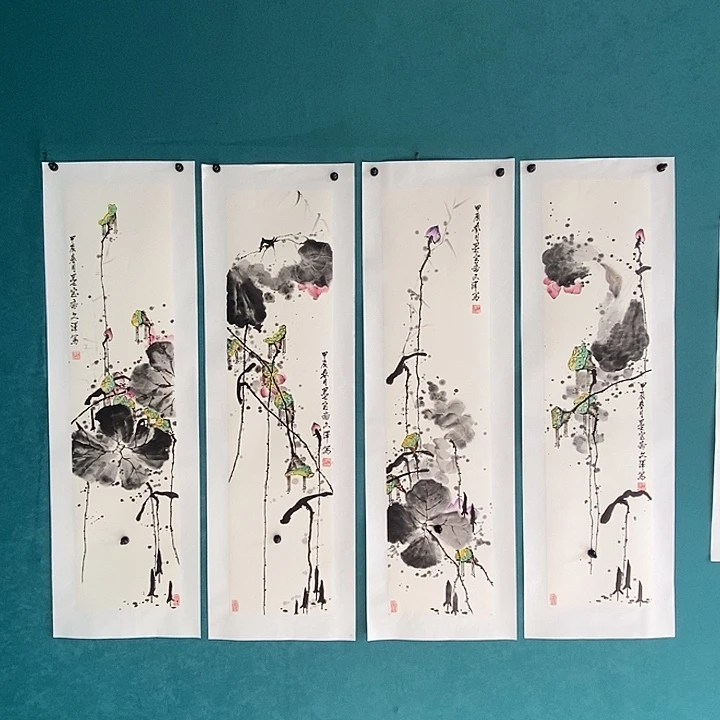 国画丁文泽老师四尺对开荷花四条屏