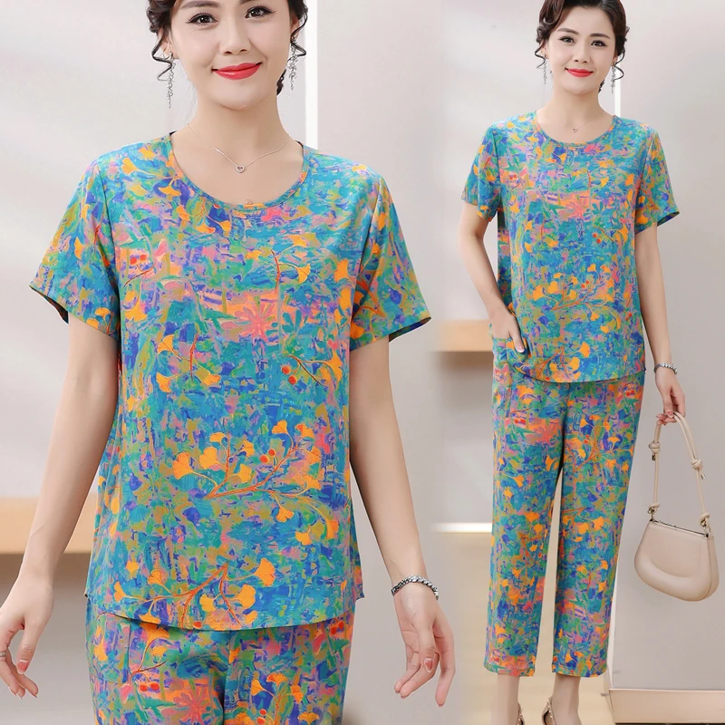 [上衣+裤子]绵绸大码中年妈妈装时尚夏季宽松显瘦洋气薄款套装