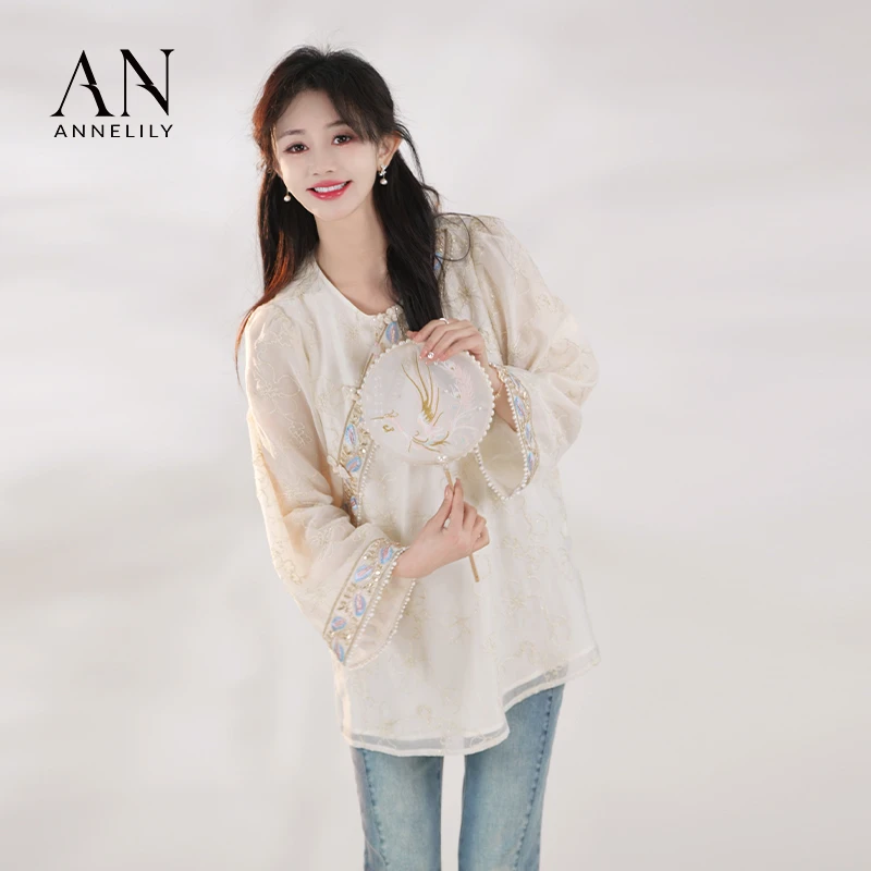 ANNELILY【丝漾】新款设计感精致百搭重工国风小众衬衫