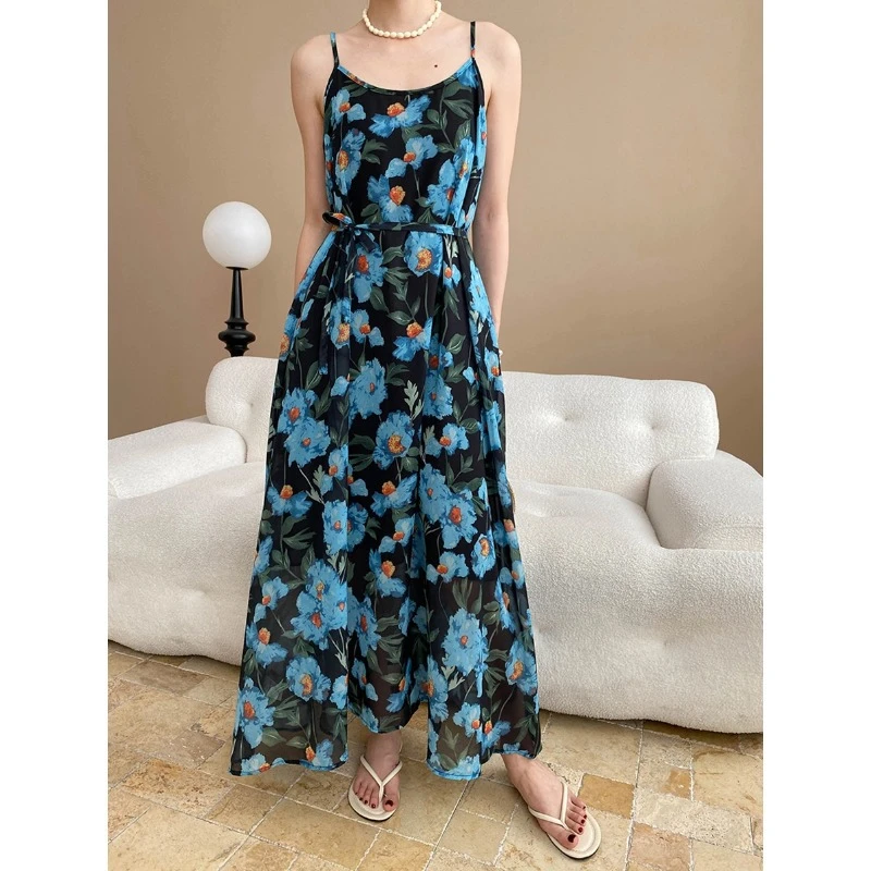 吊带款司南 莫奈花园 法式油画碎花系带收腰显瘦气质吊带连衣裙 S