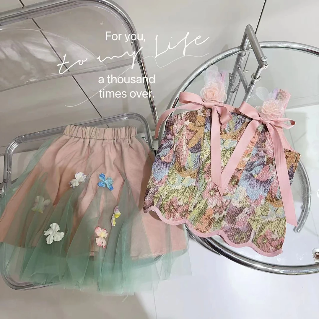 汤圆家童装2025夏季新款油画风立体花朵超仙半身裙套装 YA-1538