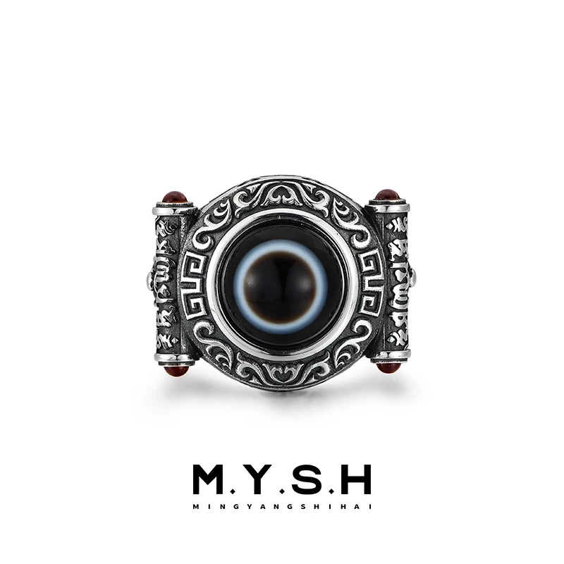 MYSH/铭扬饰海玛瑙十字金刚杵戒指男士指环六字真言复古礼物