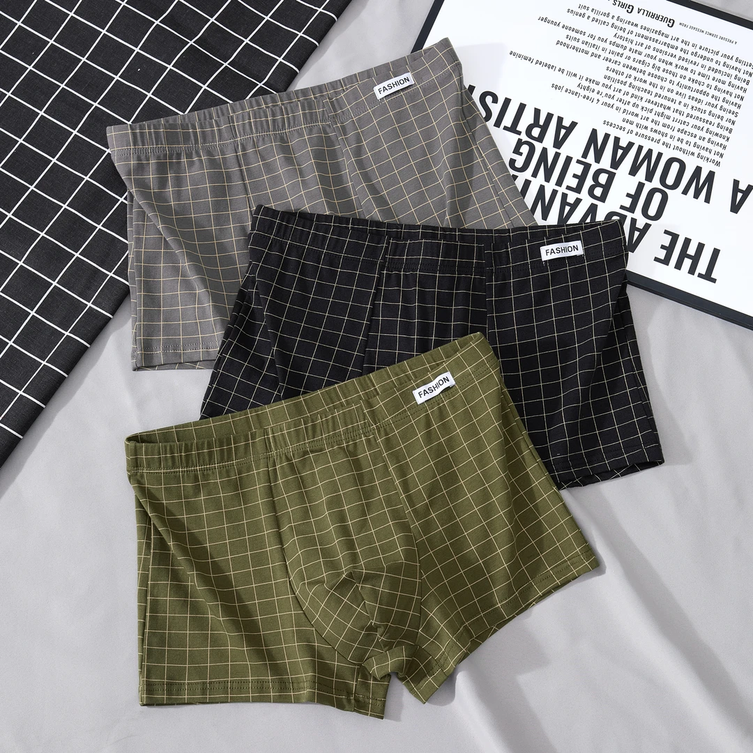 格子男士内裤纯棉男生平角裤中腰四角裤短裤头底裤衩青年个性潮流