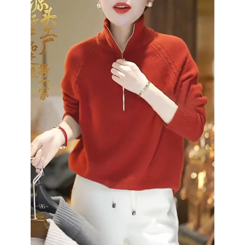 高级感橘红色半高领拉链针织衫2025爆款女士漂亮时尚洋气打底毛衣