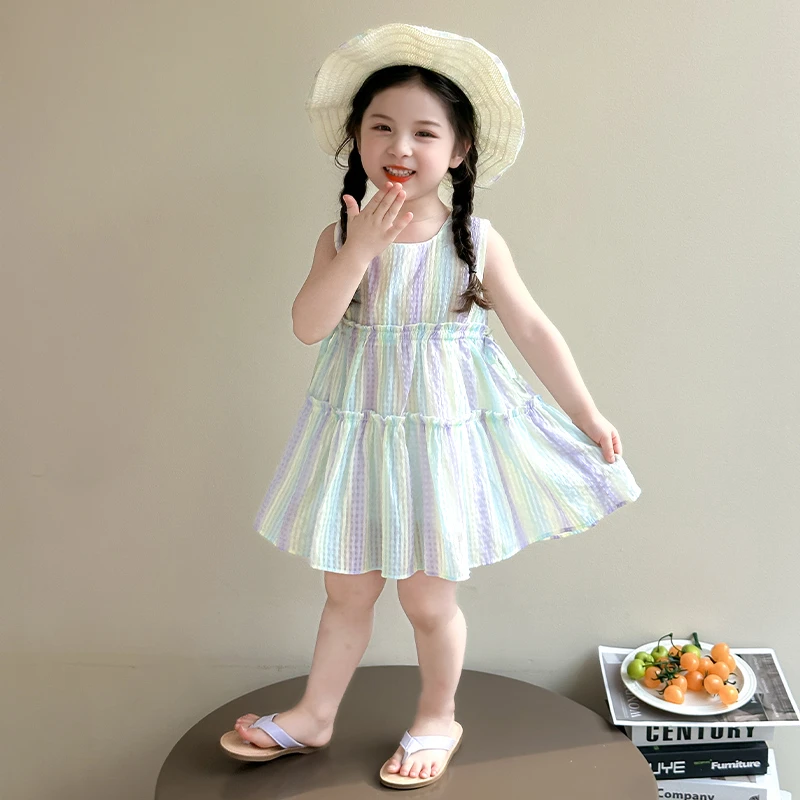 女童连衣裙夏季2025新款儿童彩条无袖裙子韩系女宝宝带帽子公主裙