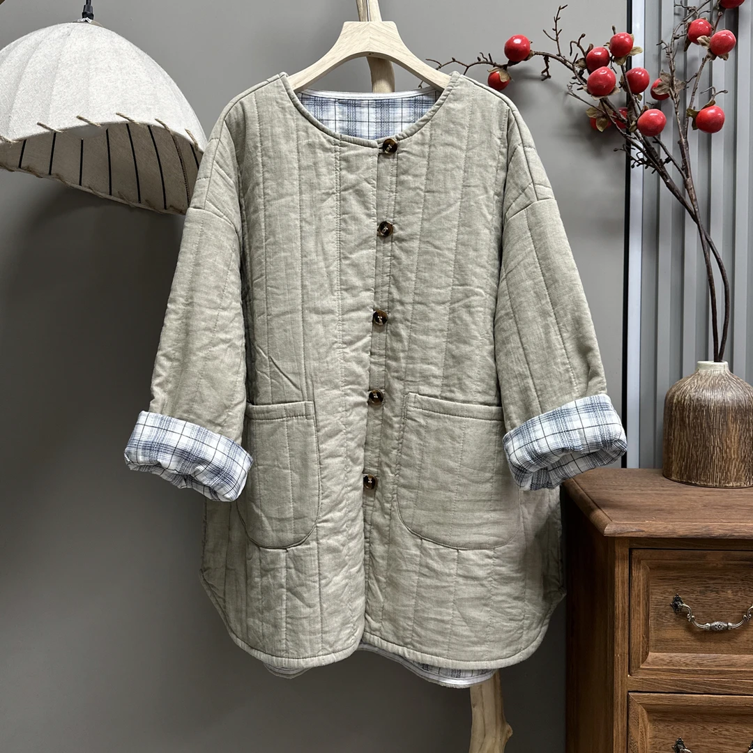 85058冬季宽松舒适夹棉内里格纹棉服外套（衣长75-78胸围136）