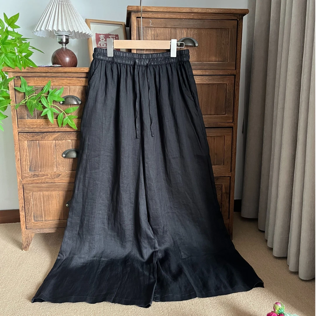 新款纯色松紧腰苎麻长裤双层宽松阔腿裤女