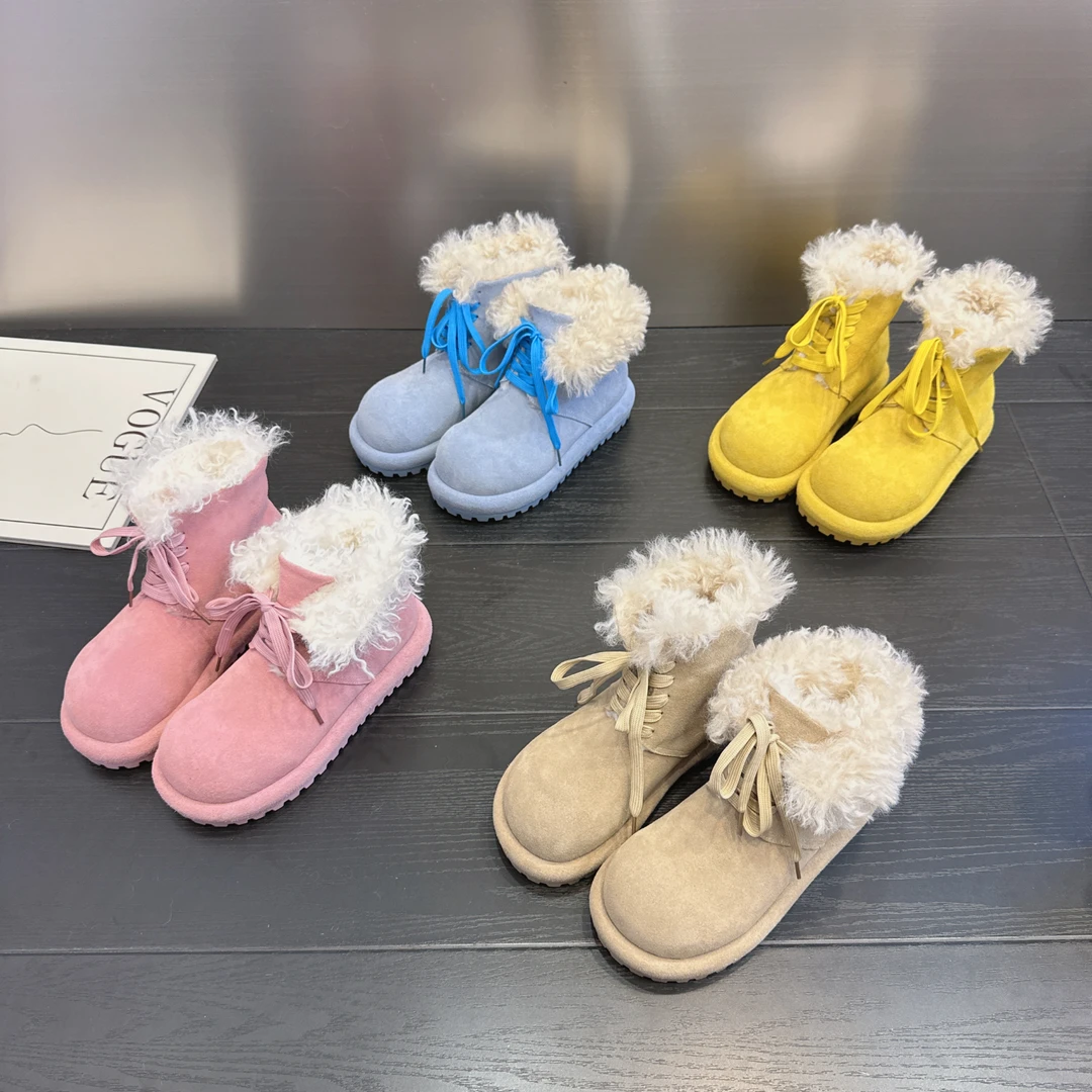 保暖冬季中跟毛毛鞋系带韩版时尚雪地靴防滑休闲百搭真皮厚底加绒