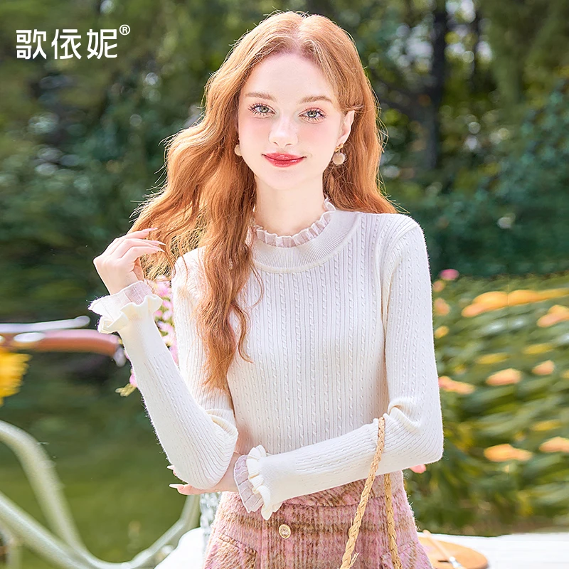 白色蕾丝边半高领毛衣女2025秋冬季修身内搭打底毛针织衫长袖上衣