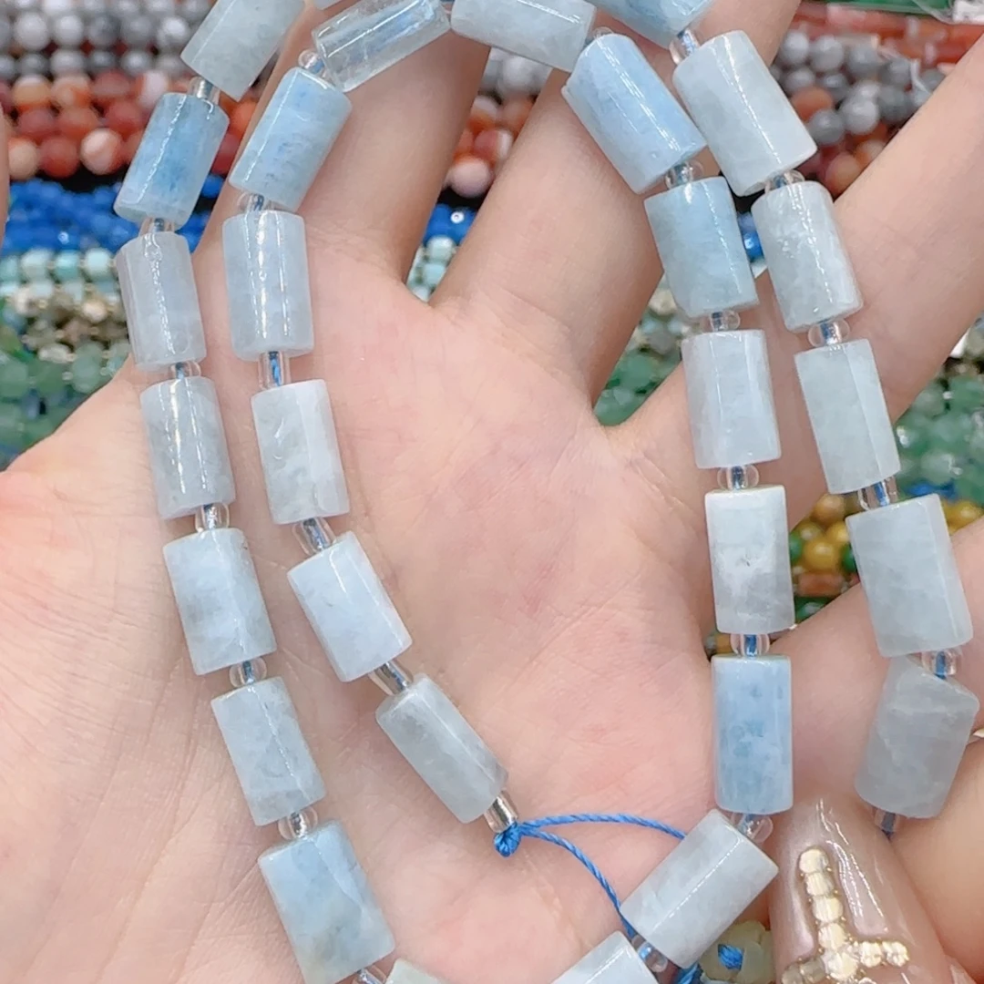 玛瑙/玉髓未镶嵌珠宝半成品海蓝宝手工管珠一条