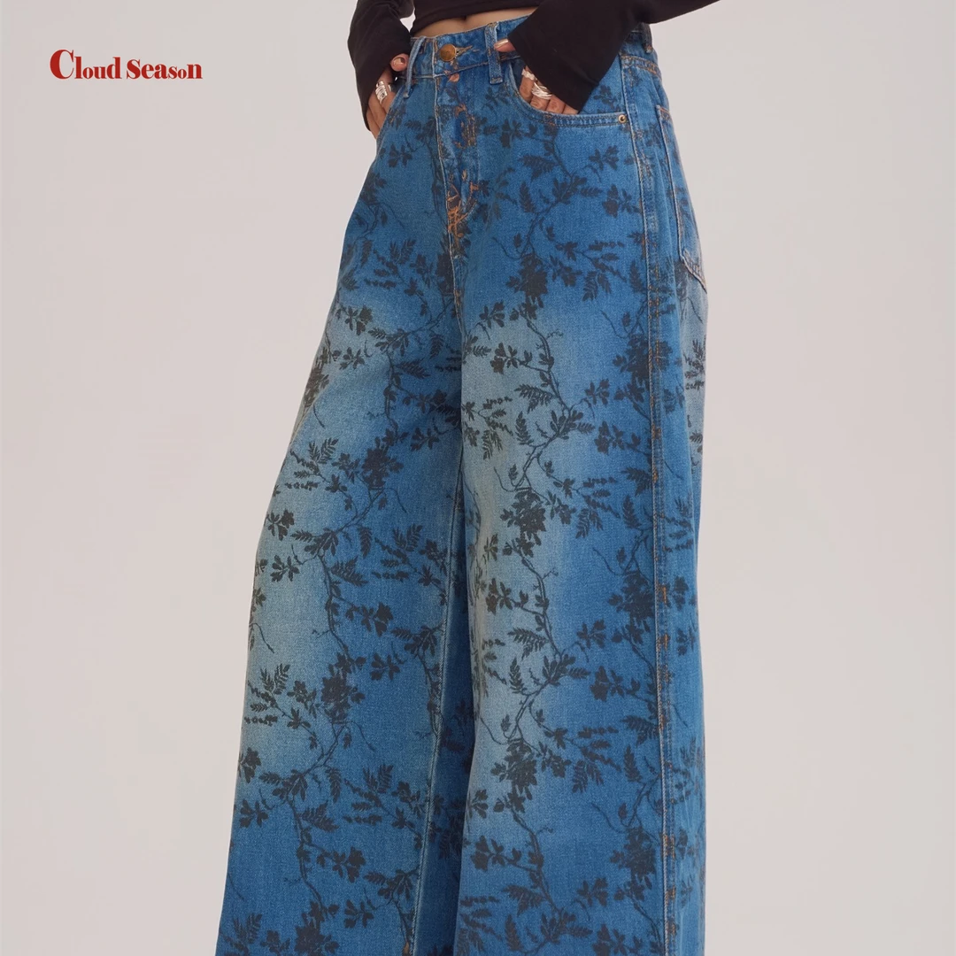 Cloud season花满枝蓝色设计师直筒牛仔裤复古宽松阔腿裤女CKZ804