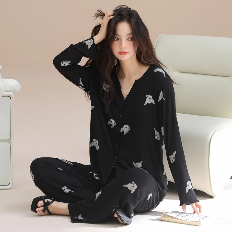 莫代尔长袖长裤睡衣女士春秋季薄款开衫V领可外穿宽松休闲家居服