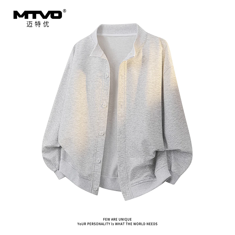 迈特优灰色开衫外套男女春秋款复古休闲百搭男生亨利领夹克