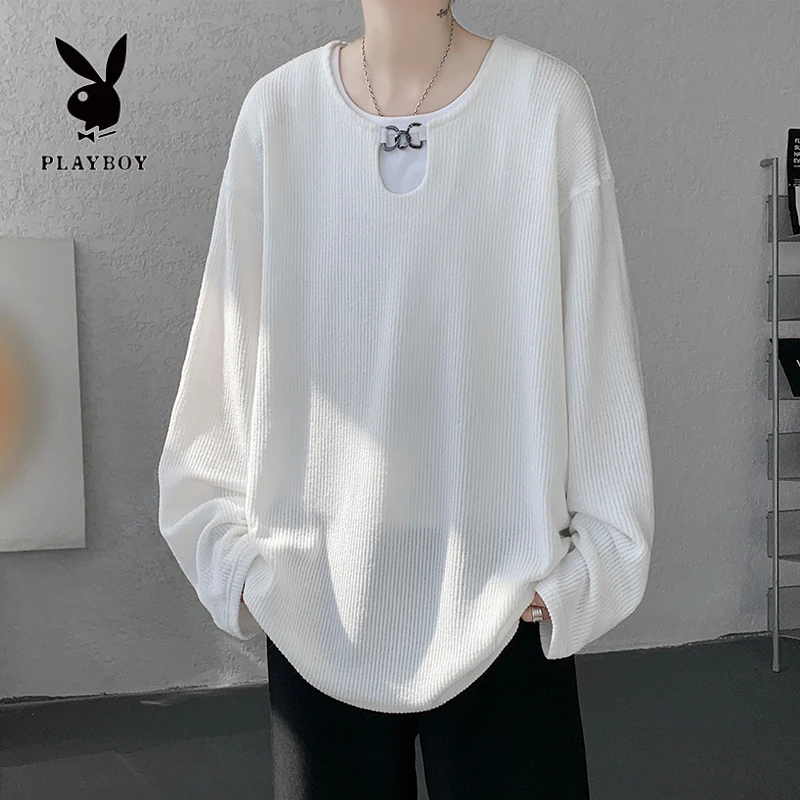 花花公子肌理感项链长袖t恤男春秋潮牌高级感痞帅宽松内搭打底衫