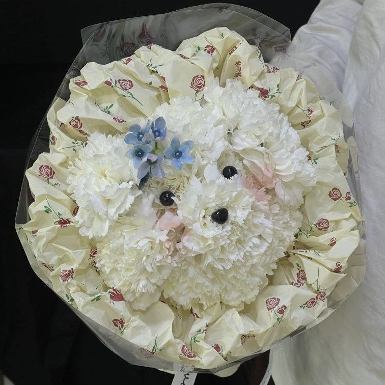 【小狗花束】白色康乃馨做的网红爆款小花狗六一儿童节花束