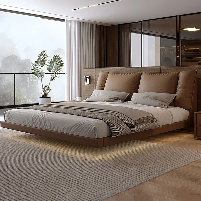 奈丘意式极简悬浮真皮床头层牛皮1.8米主卧大双人床侘寂风悬浮床