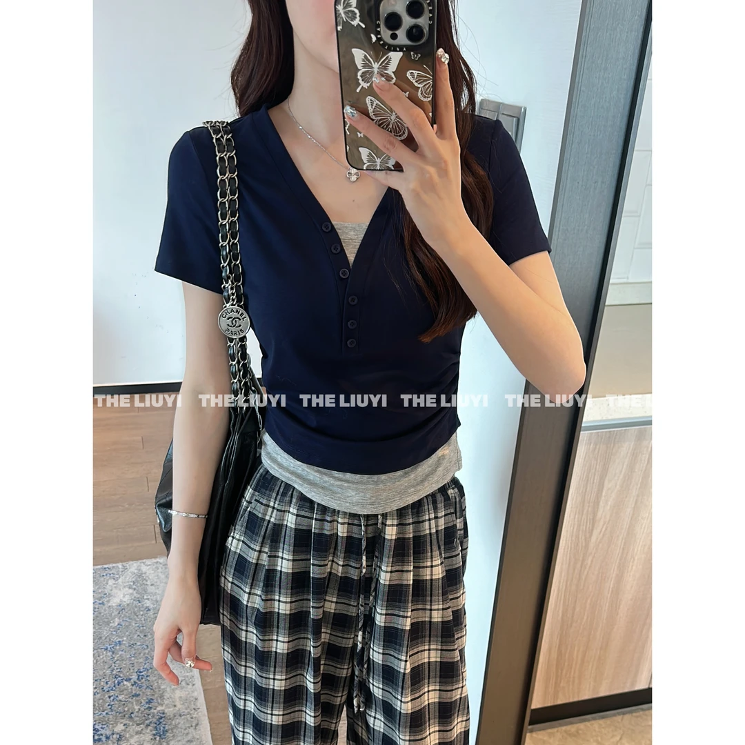 【LIUYI】拼色T~夏季撞色拼接收腰显瘦T恤53174