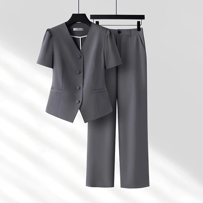大码高端灰色西装套装女夏装薄款职业装通勤气质女神范西服高级感