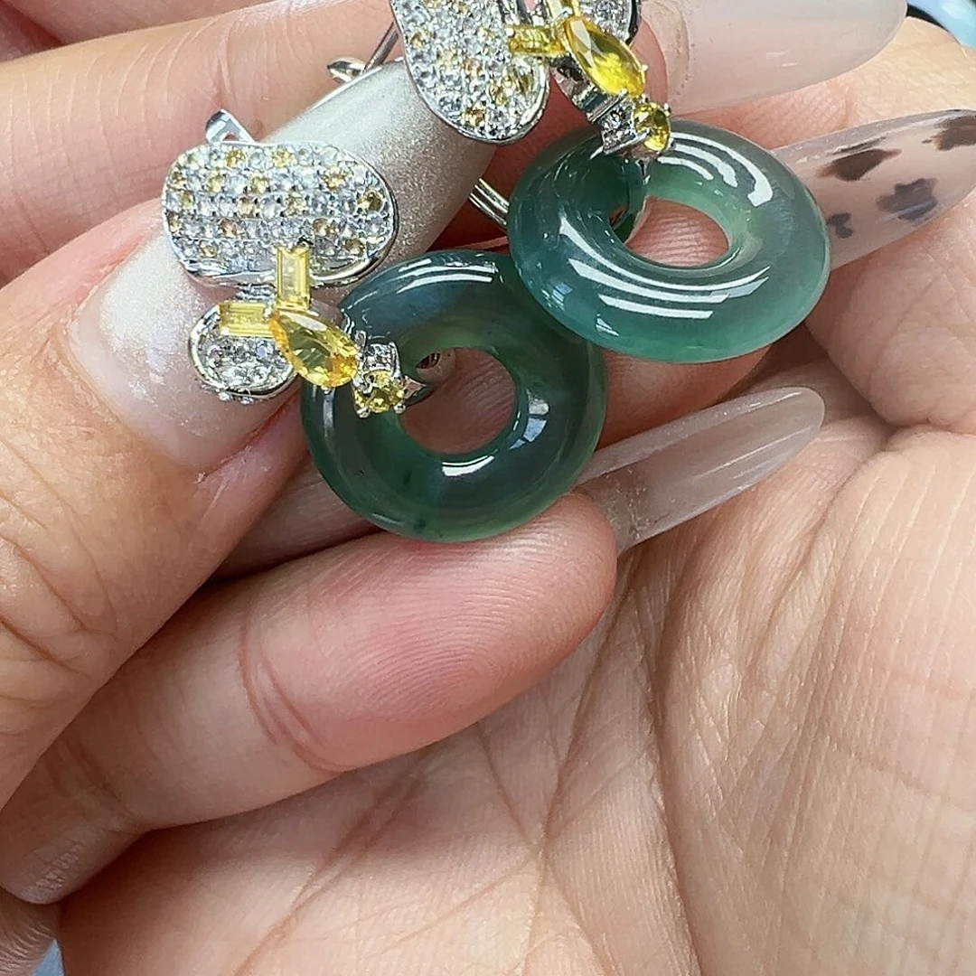 翡翠耳饰18K金镶嵌琳****）天然缅甸A货翡翠