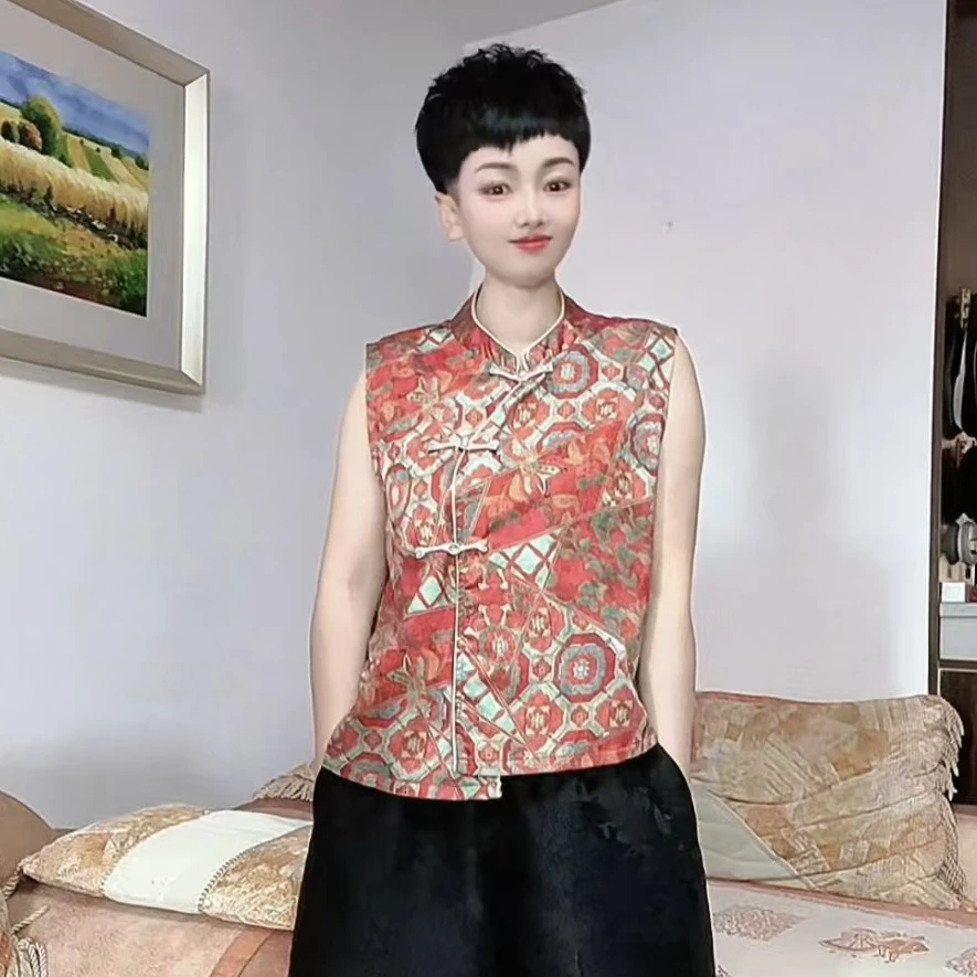国风新中式无袖百搭上衣女装2025夏季新款气质衬衣国风立领马甲