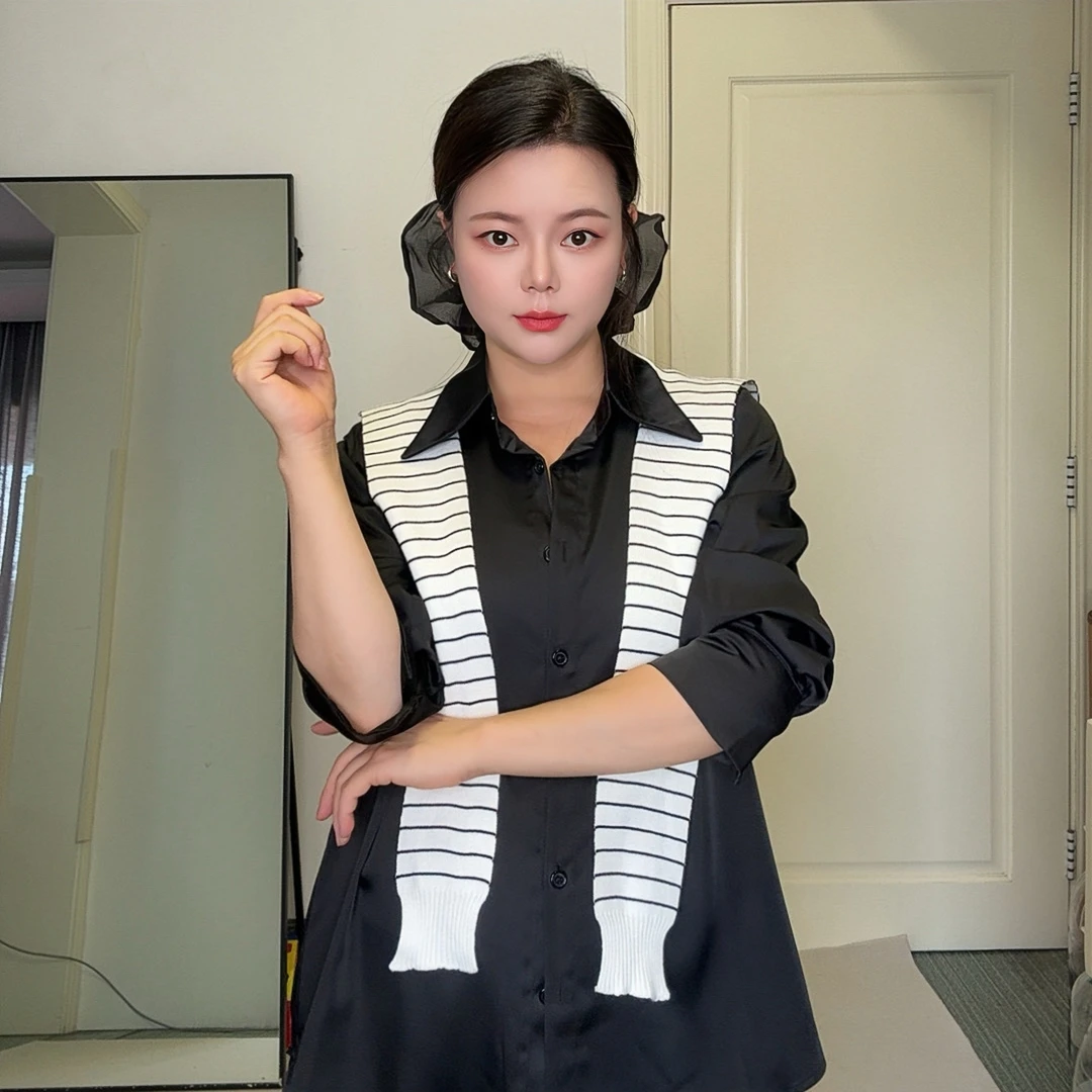 新款设计感带条纹披肩显瘦御姐纯欲气质长袖衬衫星光缎面冰凉丝滑