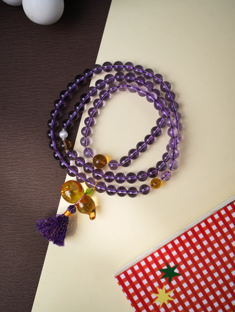 【紫金系列】天然琥珀花珀葫芦三圈18k金紫水晶