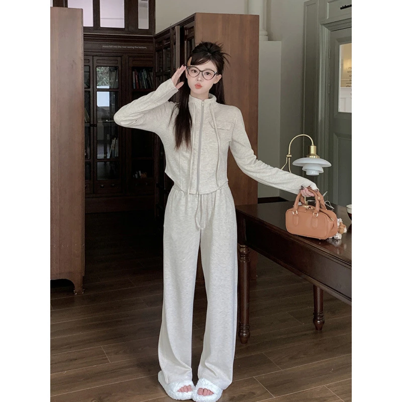 2025秋装新款胖mm大码女休闲立领拉链上衣松紧糯米阔腿裤套装