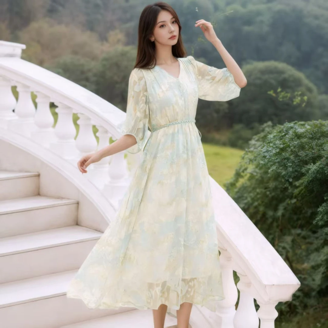 Q208-1夏季新款法式时尚气质收腰显瘦仙气飘飘连衣裙