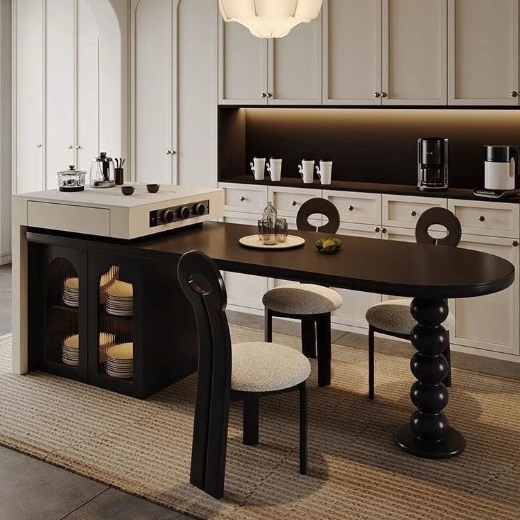 【法式风】岛台餐桌一体可伸缩岩板法式实木家用中古风简约极简