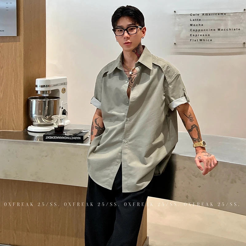 OXFREAK「卷边袖 解构活页」老钱风工装短袖衬衫男设计感宽松衬衣
