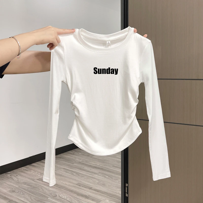 女童纯棉长袖t恤短款收腰下摆弧形不规则春秋儿童时髦打底衫上衣