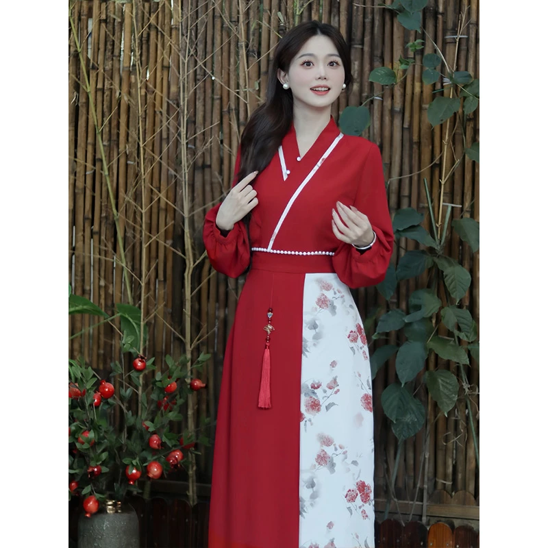 瑶西【红满枝】新中式女款爆款2024秋冬新款新国风裙子两件套