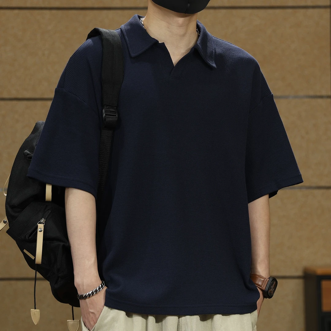 美式复古海鸥领男士Polo衫短袖夏季t恤宽松大码高级感休闲上衣男T