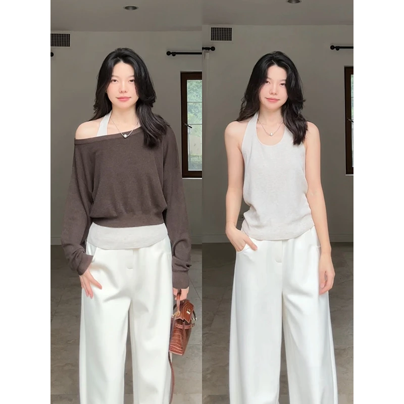 郭九九呢 羊毛挂脖背心斜肩宽松针织衫休闲弯刀卫裤 G925Z15879