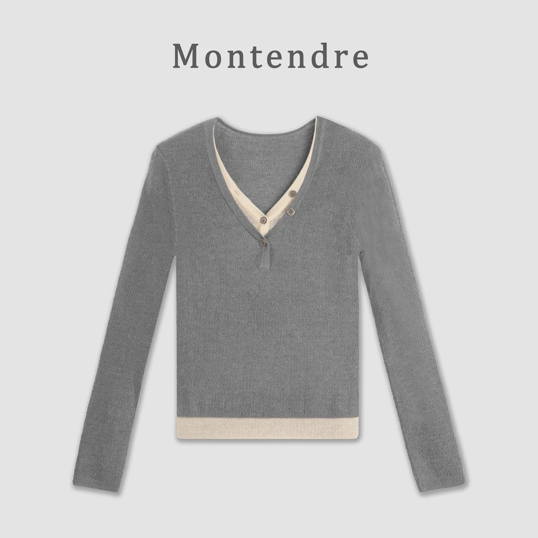 【Montendre】秋季新款 C 时尚简约V领撞色假两件设计针织衫上衣女