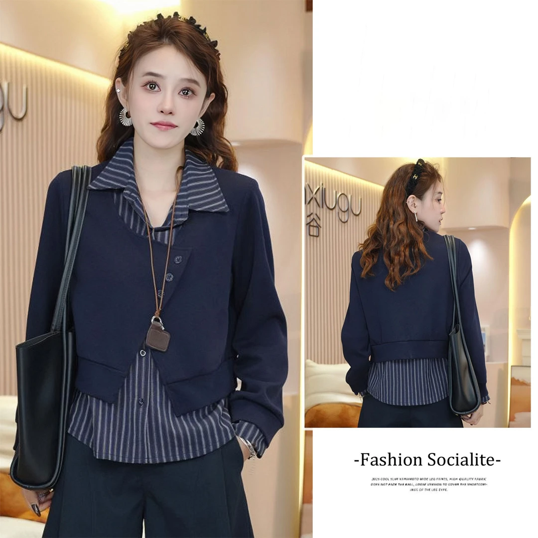 拉夏贝尔时尚假两件衬衫秋季新款设计感百搭宽松显瘦拼接上衣