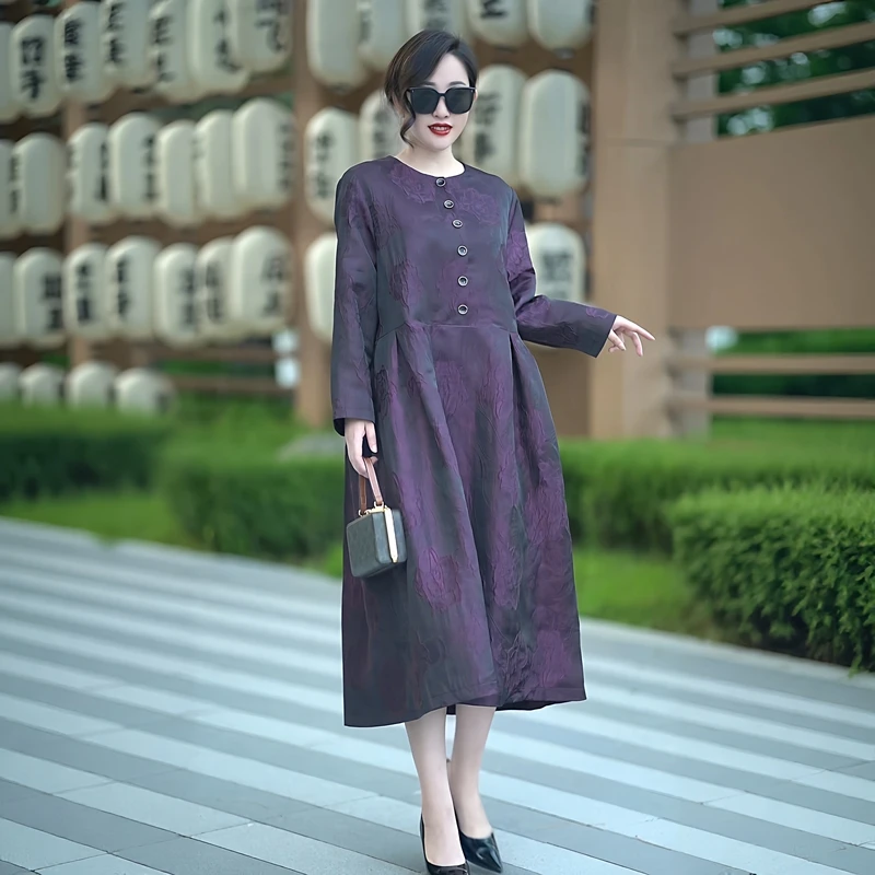 75235十地早秋时尚新款复古优雅醋酸提花大码女装连衣裙宽松显瘦