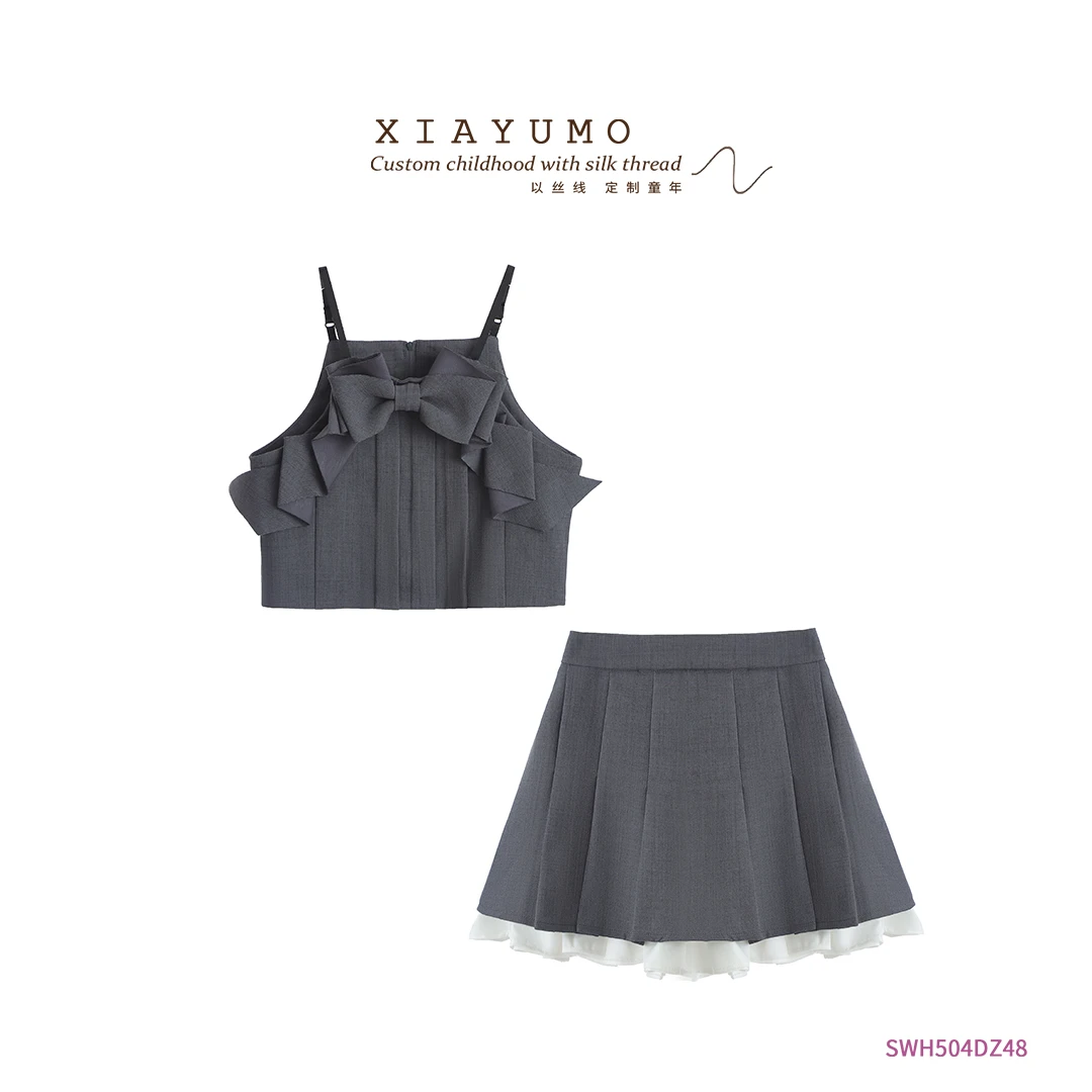 夏羽墨女童夏季新款百搭套装灰色气质蝴蝶结吊带+花边百褶半裙