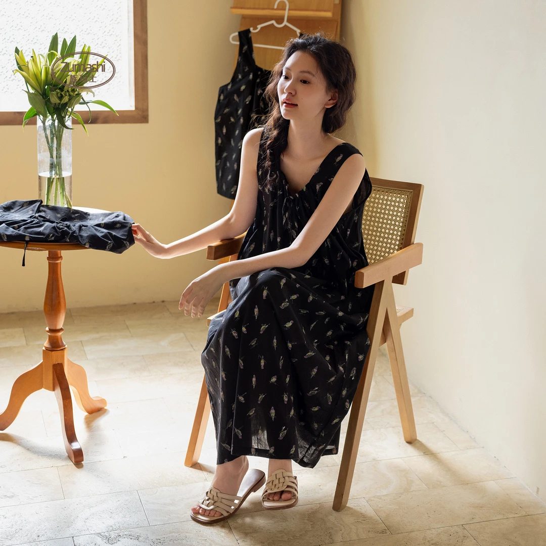 族玛士吊带睡裙女2025新款睡衣纯棉夏季夏天大码黑色连衣裙家居服