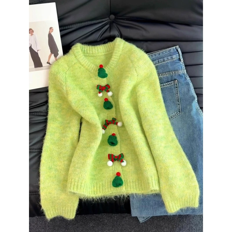 固质圣诞风氛围感青提绿针织开衫毛衣女秋冬高级慵懒宽松外套上衣