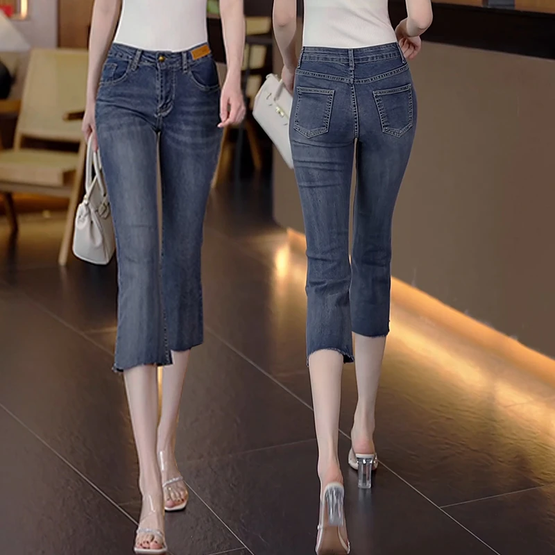2025年夏季休闲七八分毛边微喇牛仔裤修身复古小个子七分喇叭裤